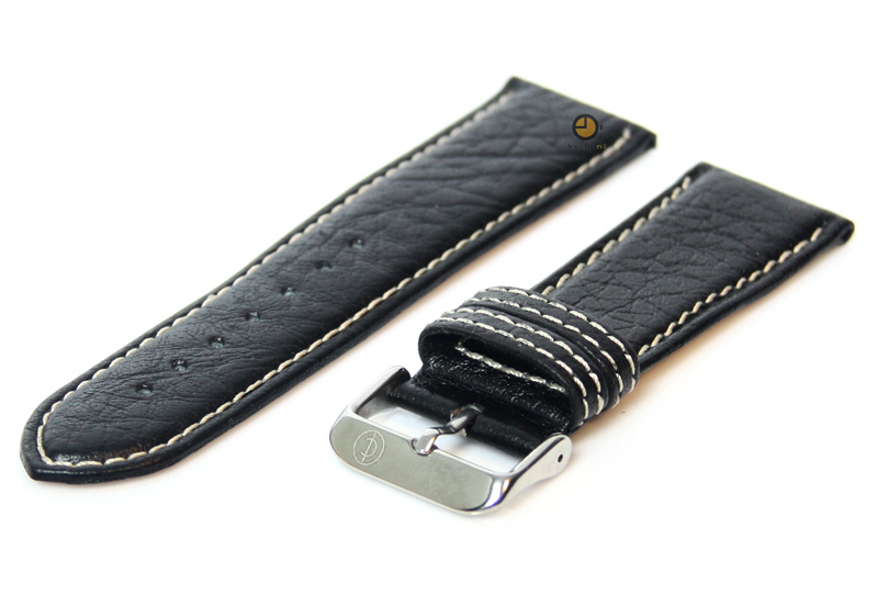 Watchstrap 24mm black leather white stitches
