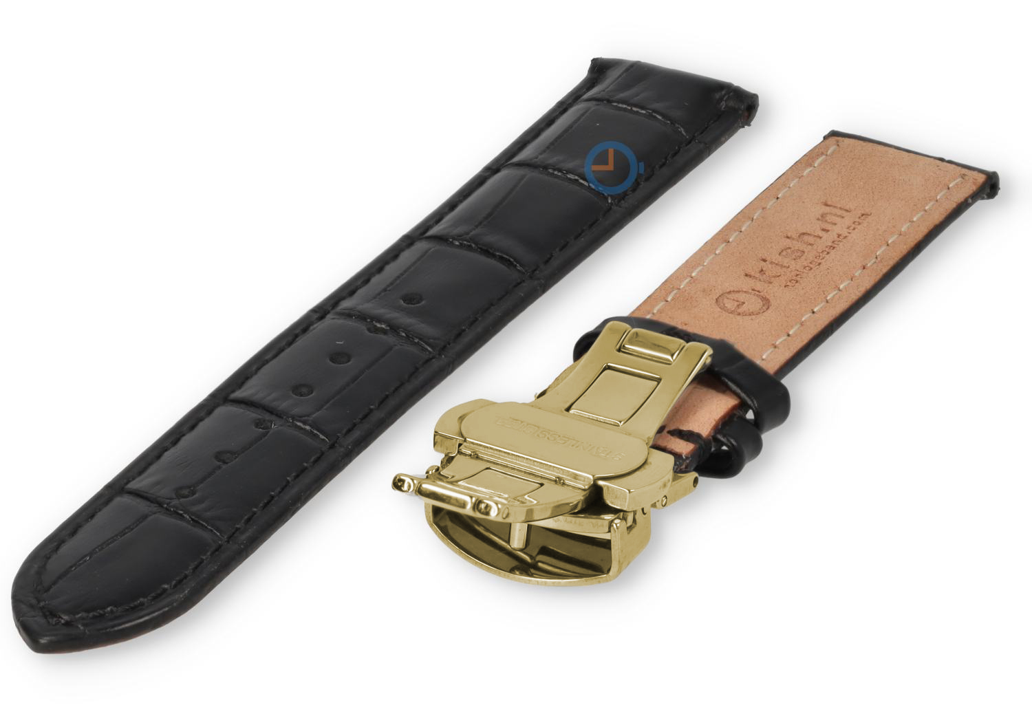 Classic watch strap black leather - butterfly clasp (gold) - 20mm