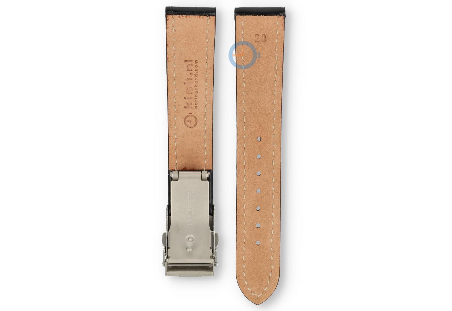 Horlogeband met vouwsluiting 20mm zwart leer met wit stiksel