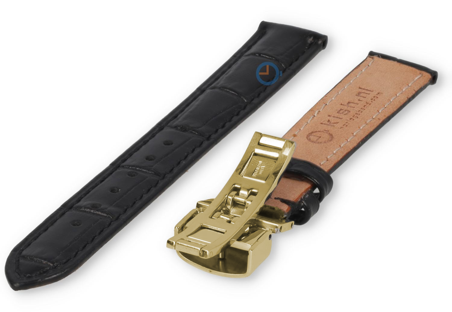 Classic watch strap black leather - butterfly clasp (gold) - 16mm