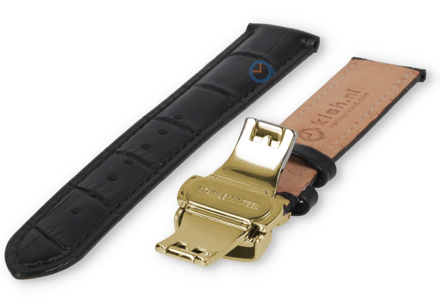 Classic watch strap black leather - butterfly clasp (gold) - 18mm