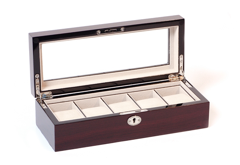 Wooden watchbox with lock for 5 watches - Dark Cherry