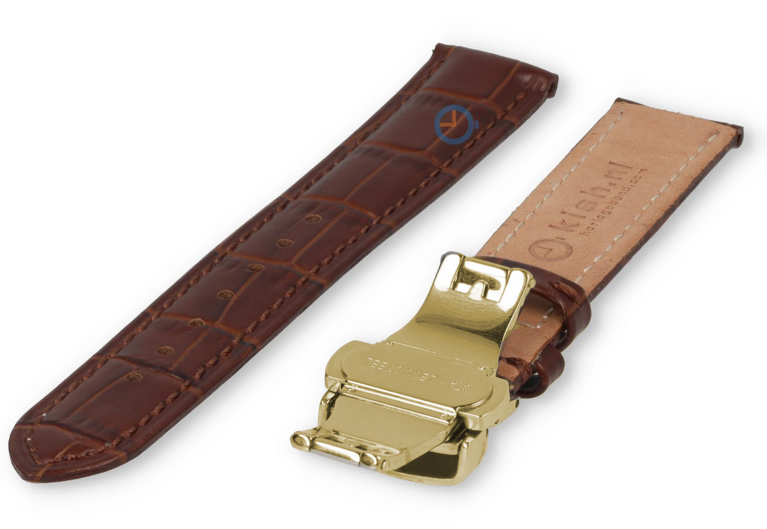 Classic watch strap dark brown leather - butterfly clasp (gold) - 16mm