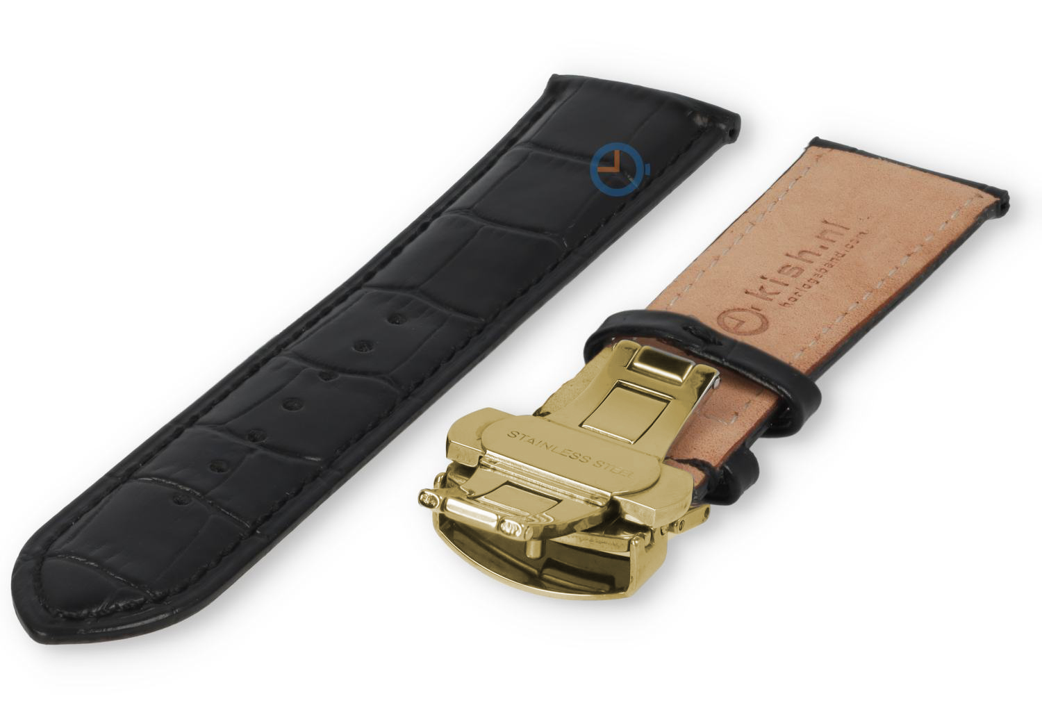 Luxury Edox watch strap black leather - butterfly clasp (gold) - 22mm