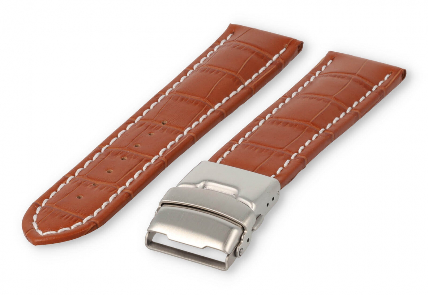 Watch band with security folding clasp 20mm light-brown leather with white stitches