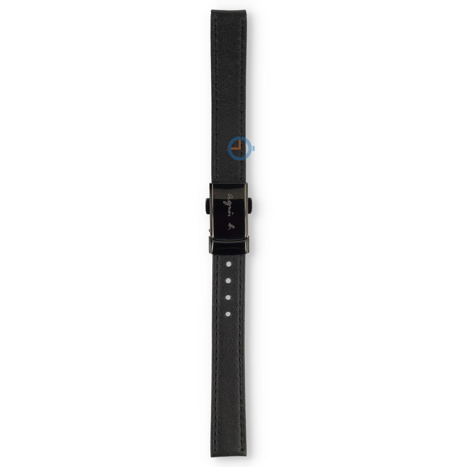 Universal 13mm black leather watch strap with three-fold clasp - Agnis B