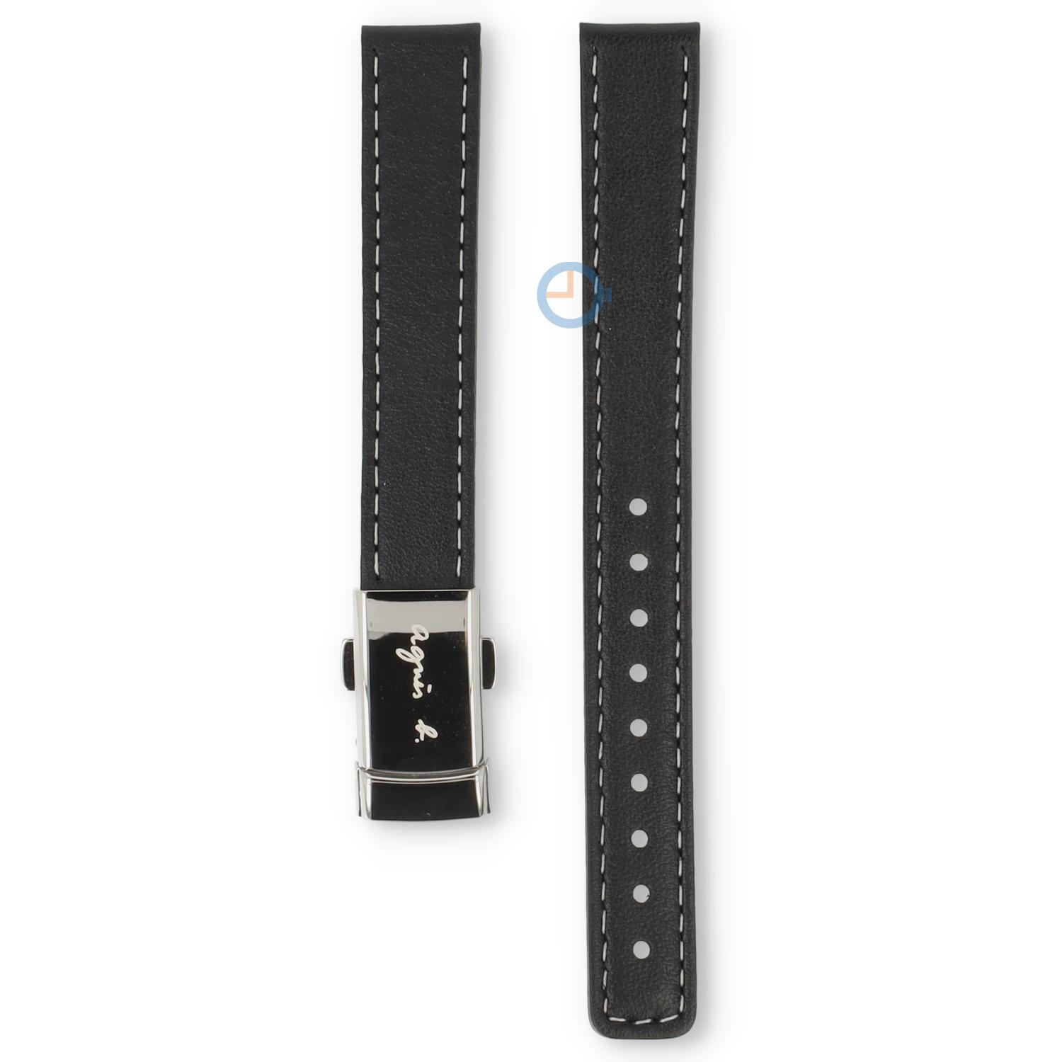Universal 13mm black leather watch strap with three-fold clasp - Agnis B