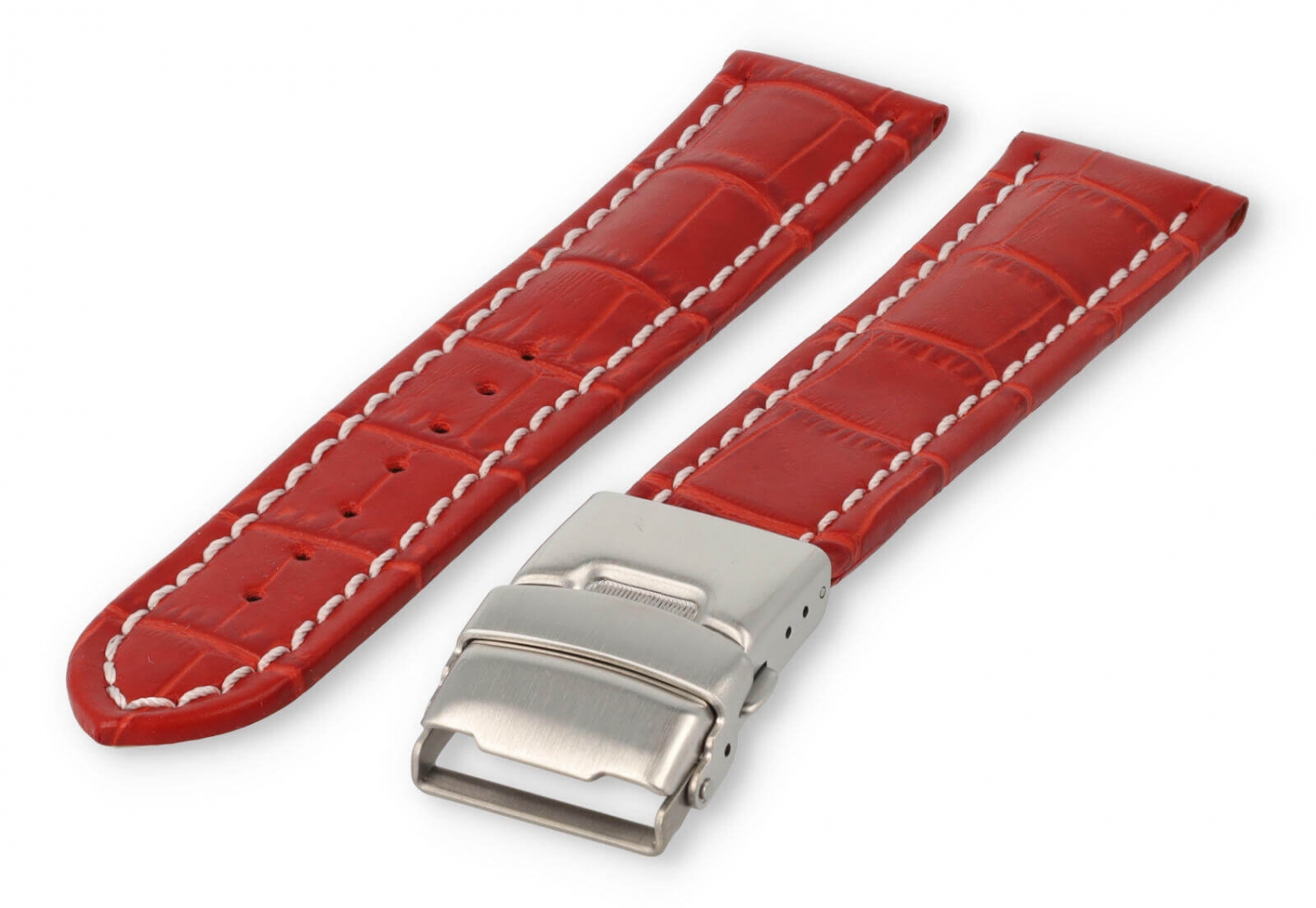 Watch band with security folding clasp 20mm red leather with white stitches