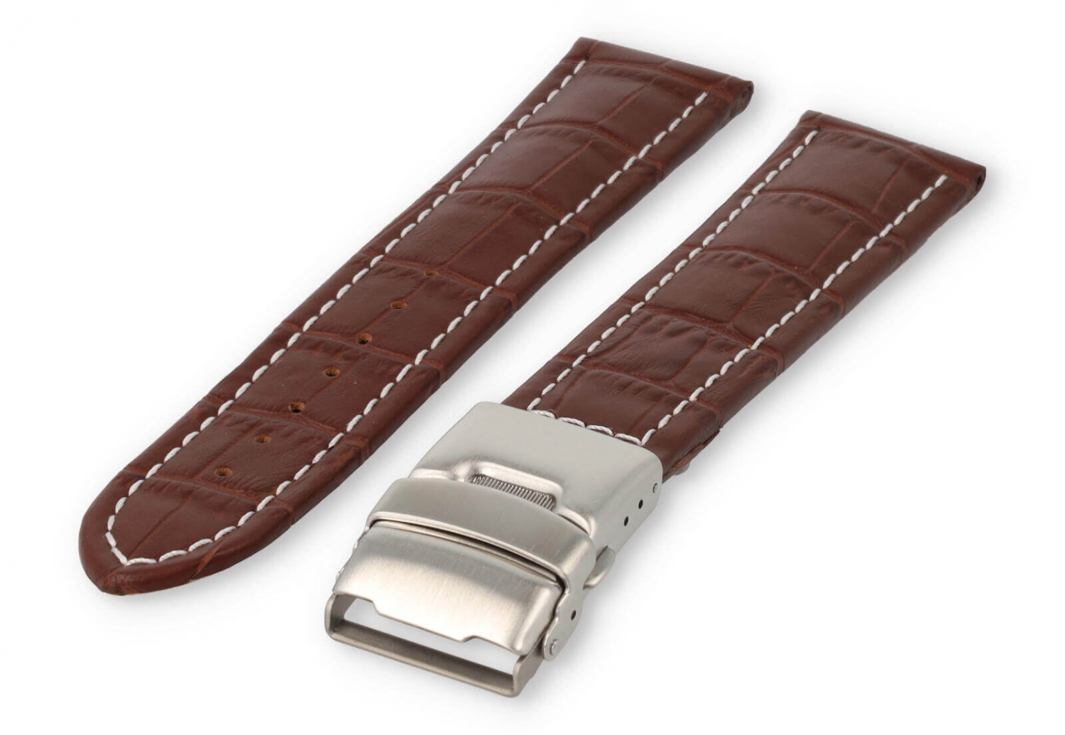 Watch band with security folding clasp 20mm darkbrown leather with white stitches