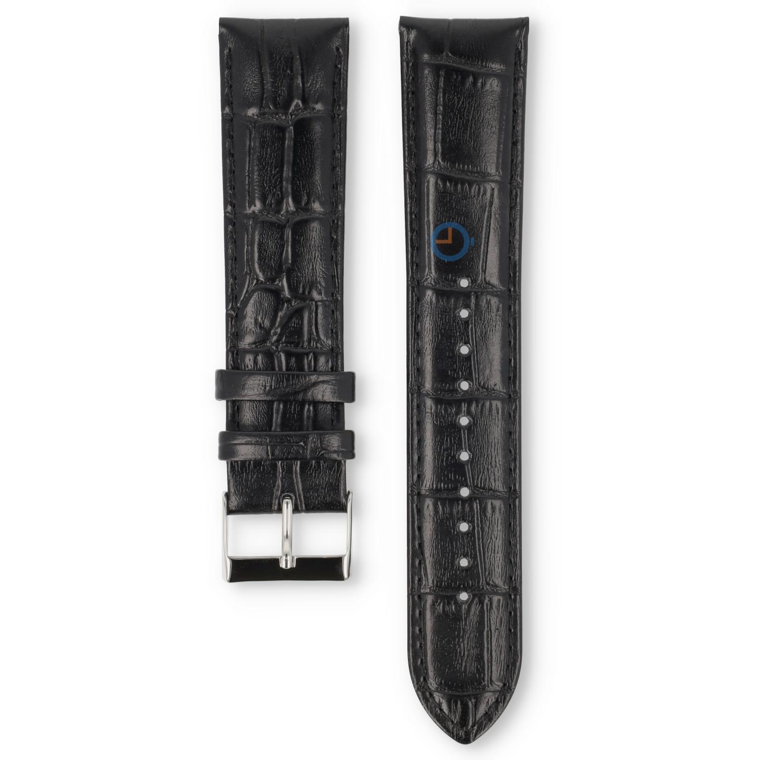 Universal 20mm black crocoleather watch strap with silver clasp