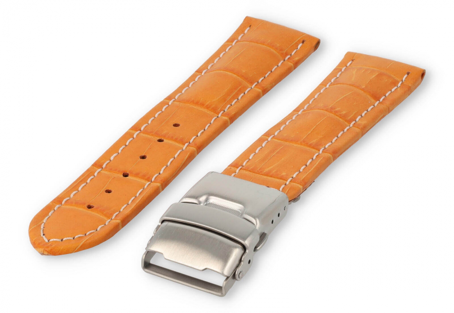 Watch band with security folding clasp 24mm orange leather with white stitches