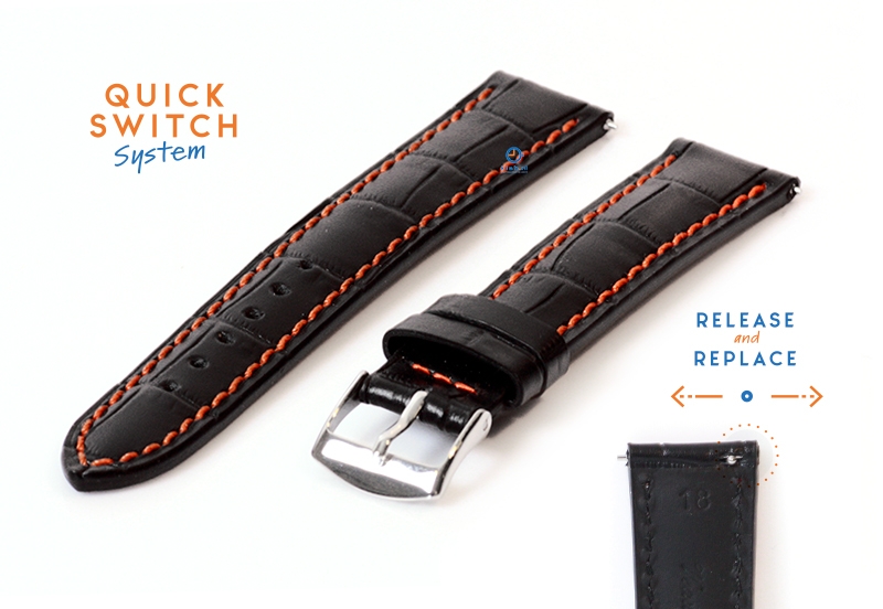 Watchstrap 18mm croco leather black - orange