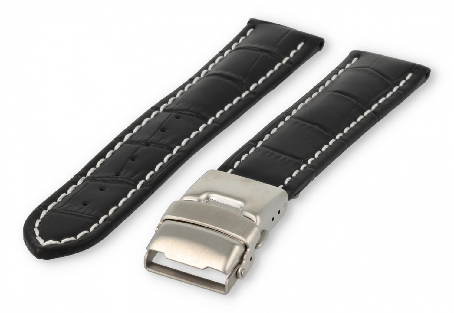 Watch band with security folding clasp 20mm black leather with white stitches