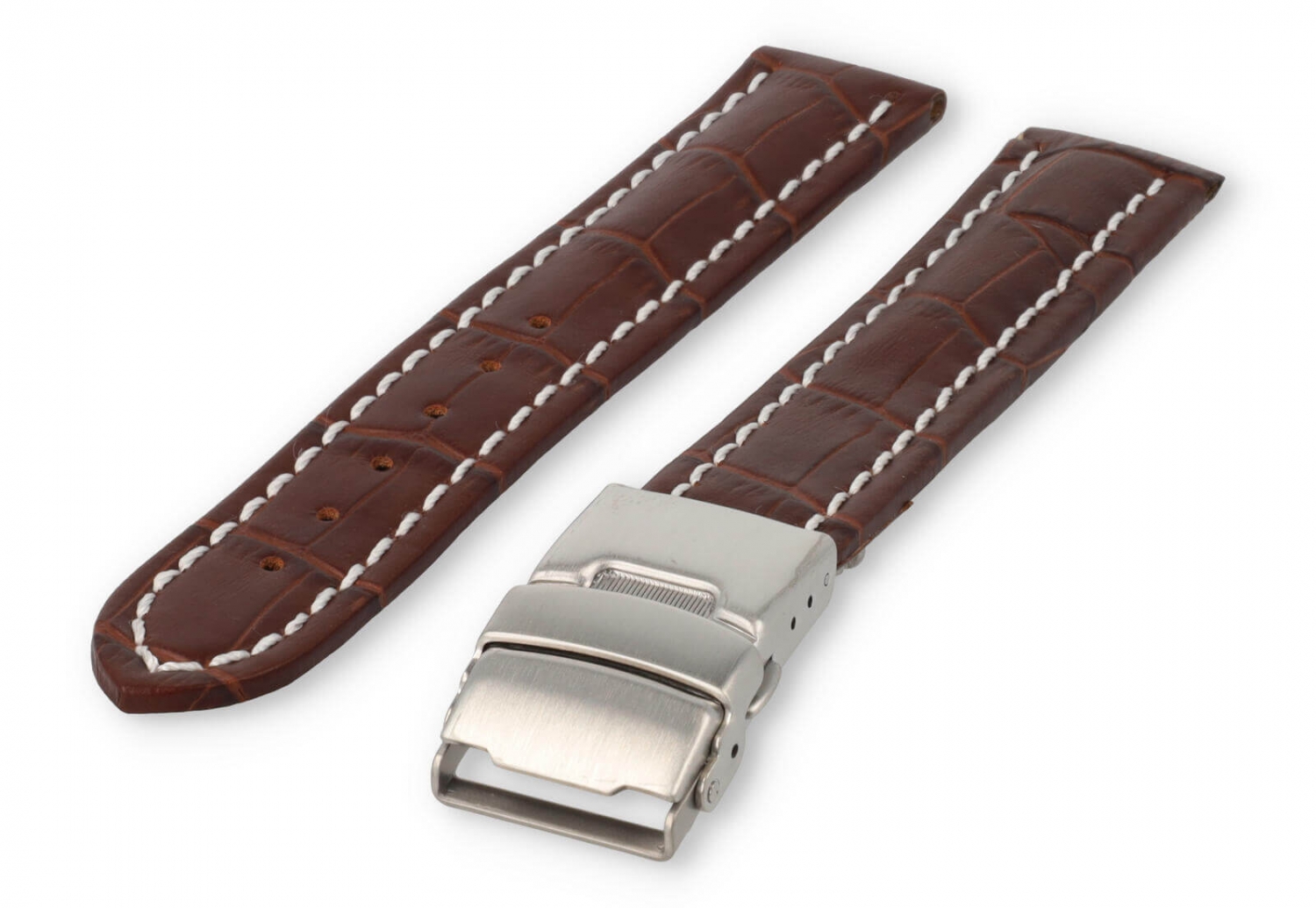 Watch band with security folding clasp 18mm darkbrown leather with white stitches
