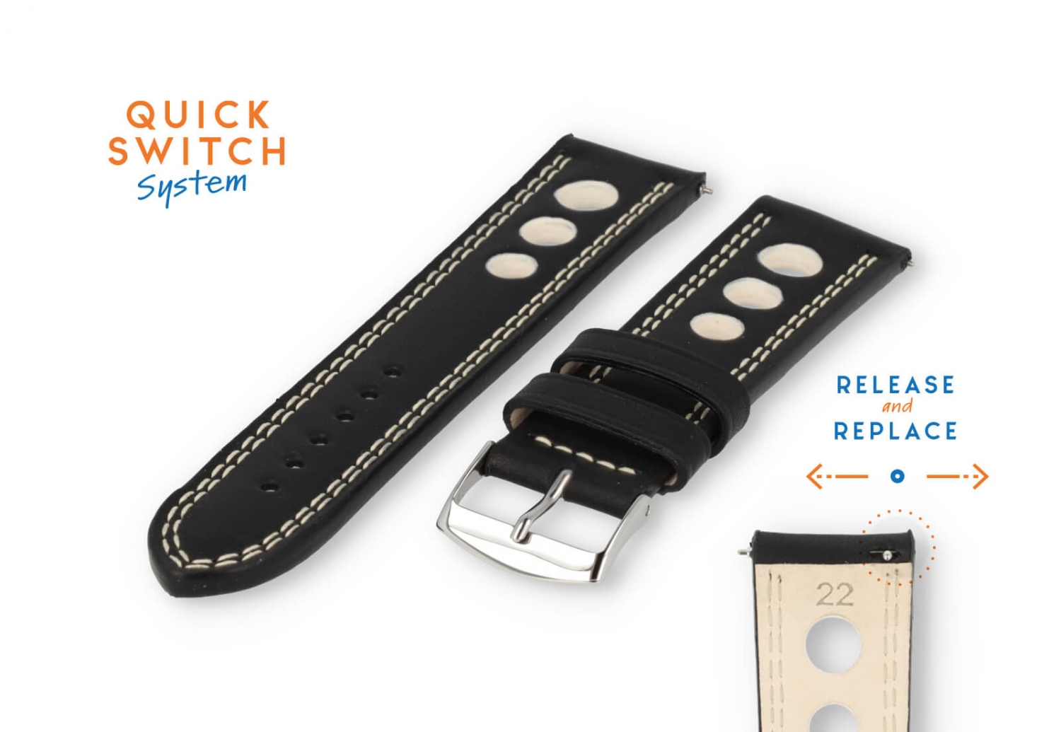 Watchstrap 22mm racing black with white stitching