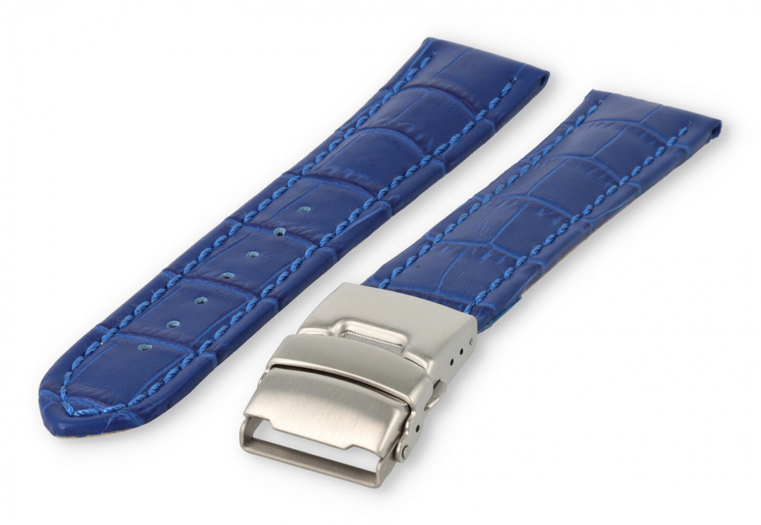 Watch band with security folding clasp 20mm royal-blue leather