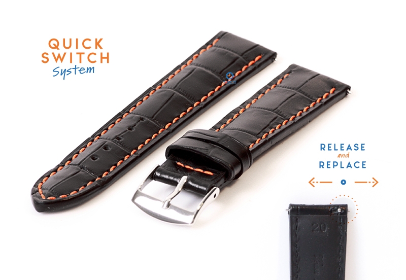 Watchstrap 20mm croco leather black - orange