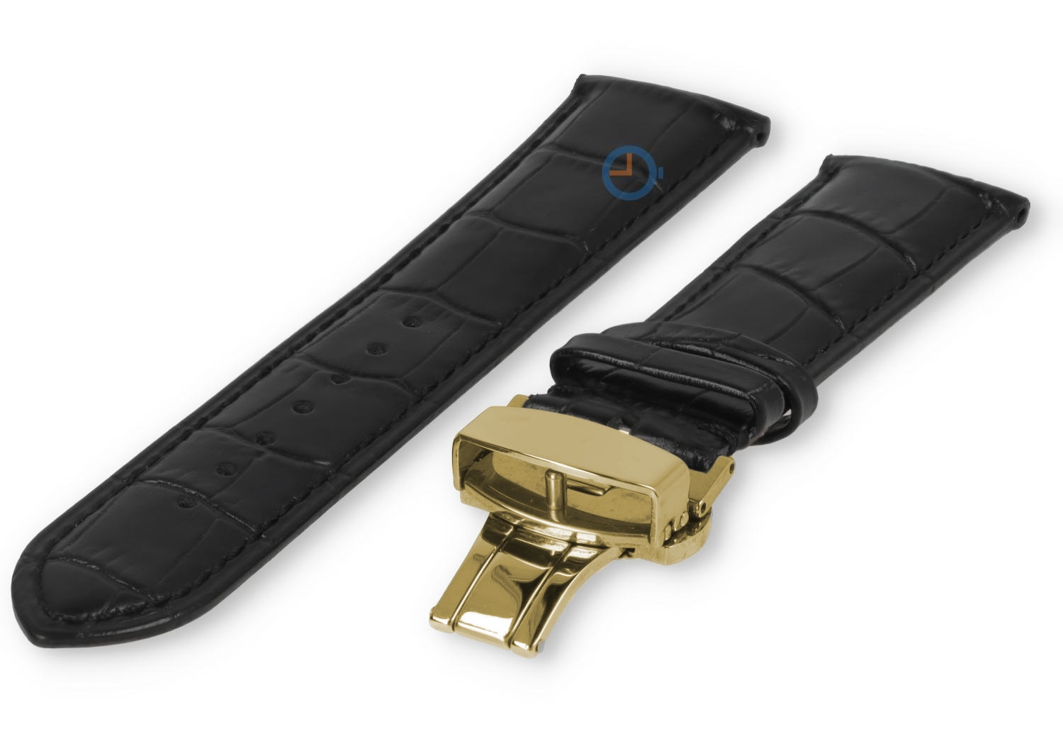 Luxe Tissot horlogeband zwart leer - vlindersluiting (goud) - 22mm