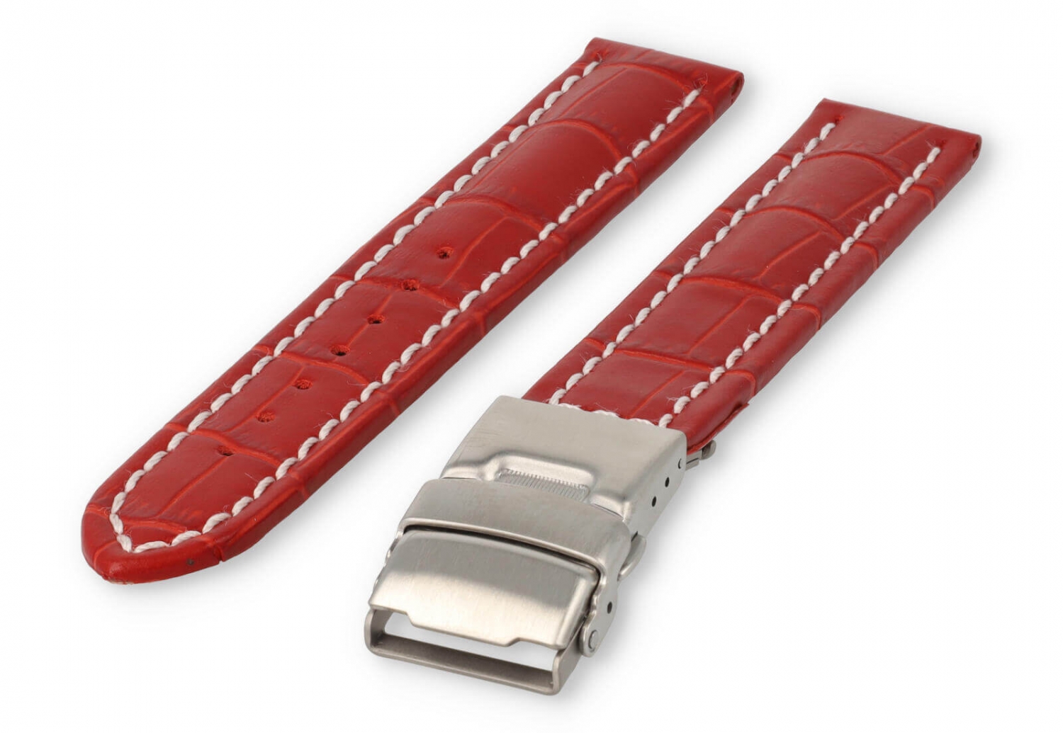 Watch band with security folding clasp 18mm red leather with white stitches