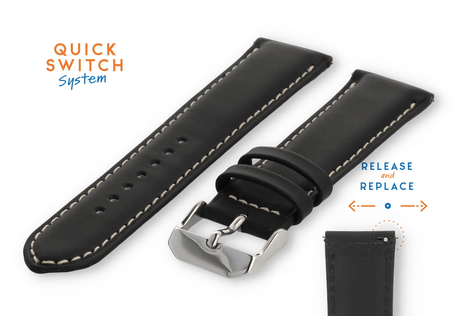 Watchstrap 22mm black eco-friendly cowhide