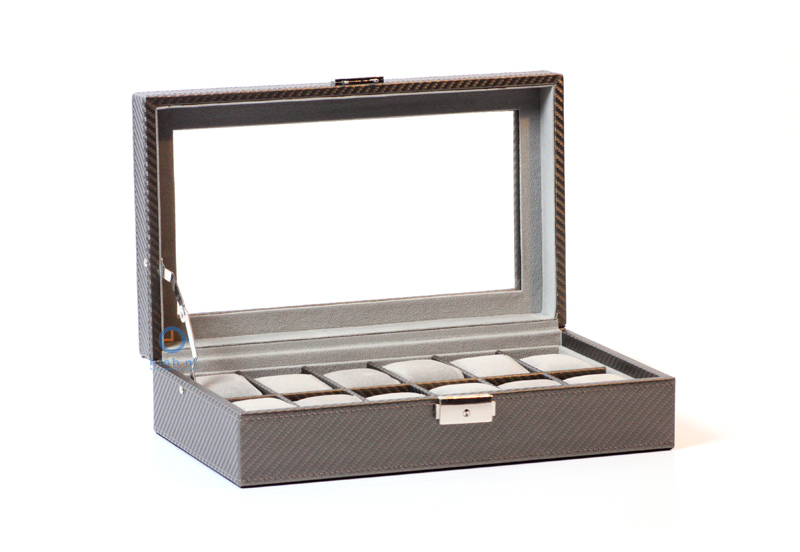 Leather watchbox for 12 watches (grey carbon)