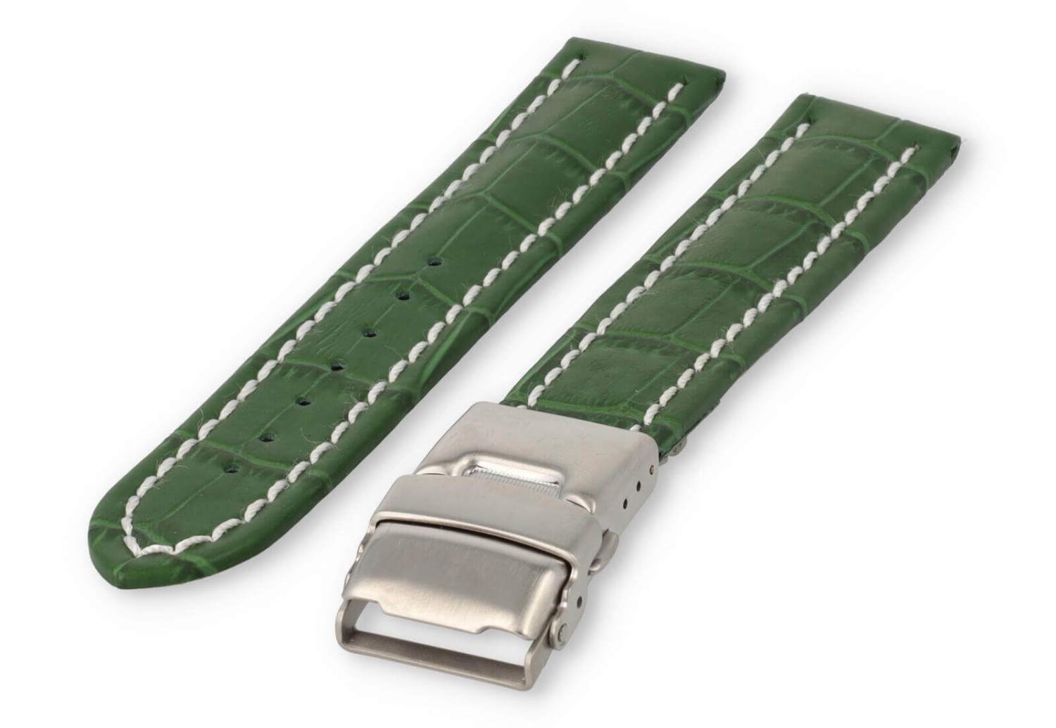 Watch band with security folding clasp 18mm green leather with white stitches