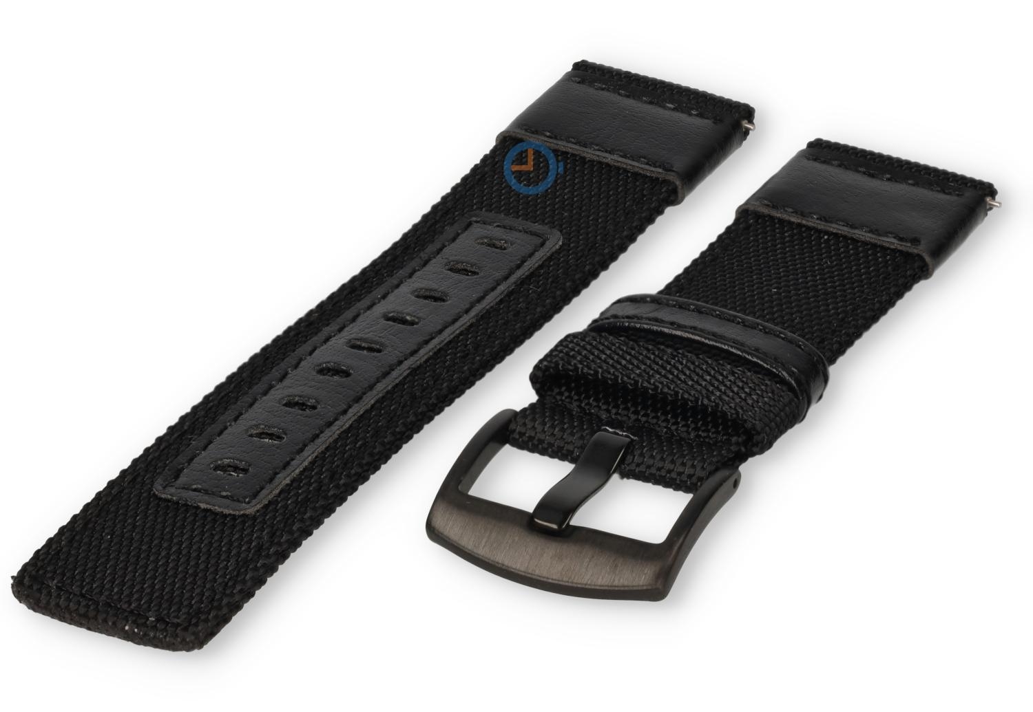 Hybride watch strap - nylon/leather - 20mm black