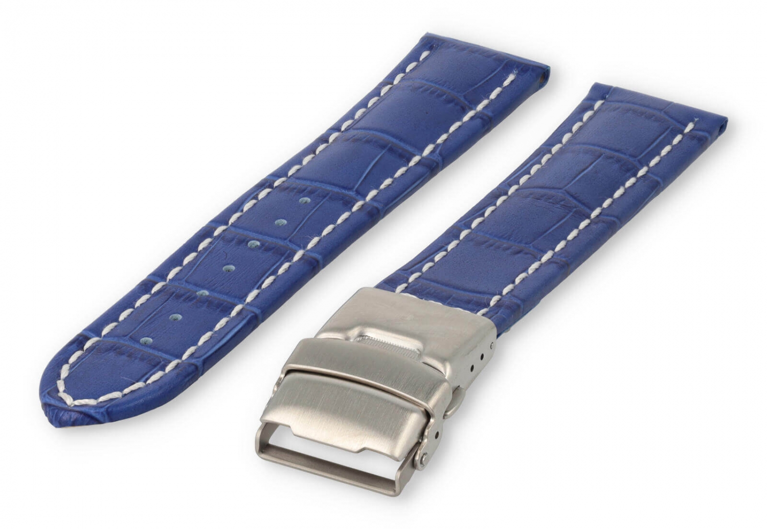 Watch band with security folding clasp 20mm royal-blue leather with white stitches