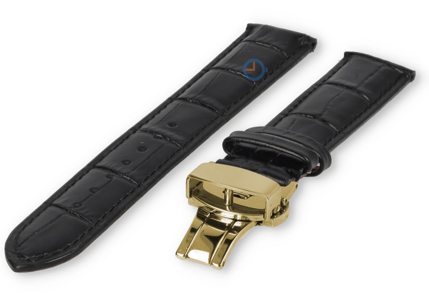 Luxe Seiko horlogeband zwart leer - vlindersluiting (goud) - 20mm