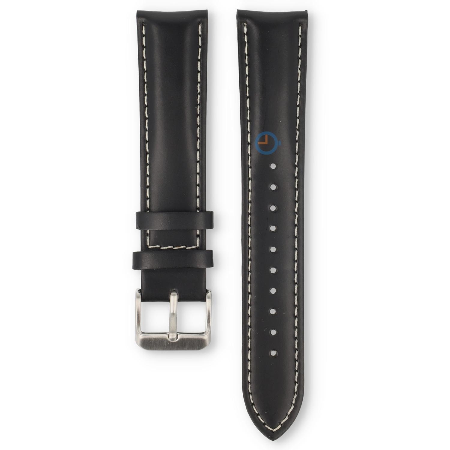 Universal 20mm black leather strap with white stitching
