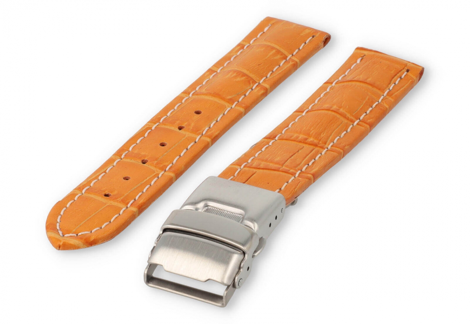 Watch band with security folding clasp 18mm orange leather with white stitches