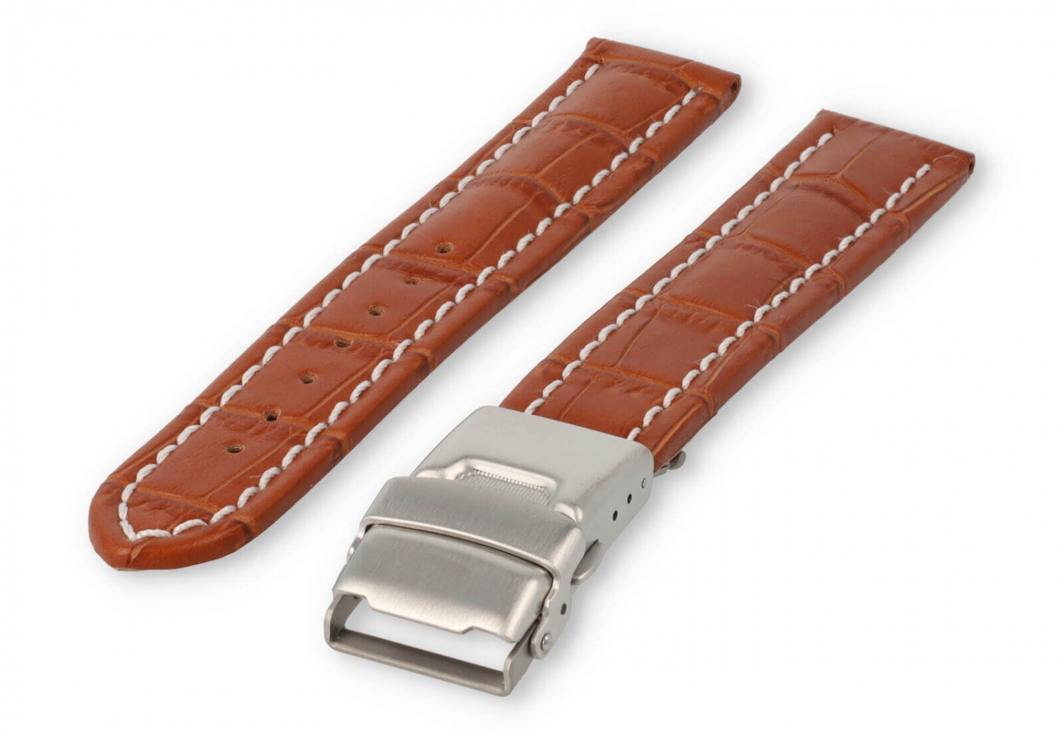 Watch band with security folding clasp 18mm light-brown leather with white stitches