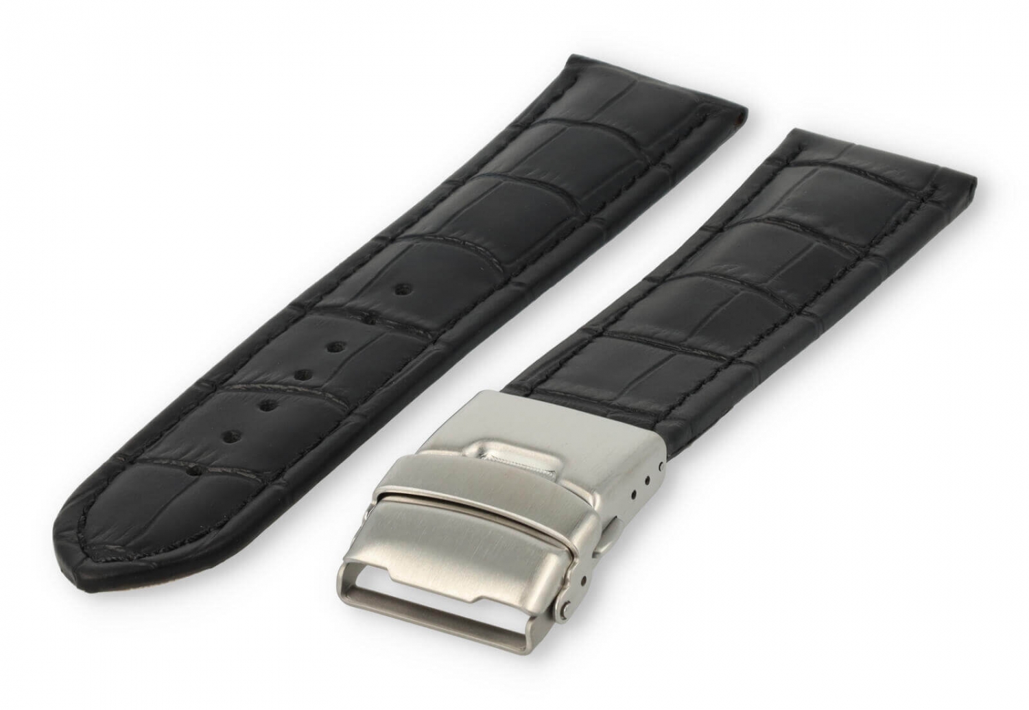 Watch band with security folding clasp 24mm black leather