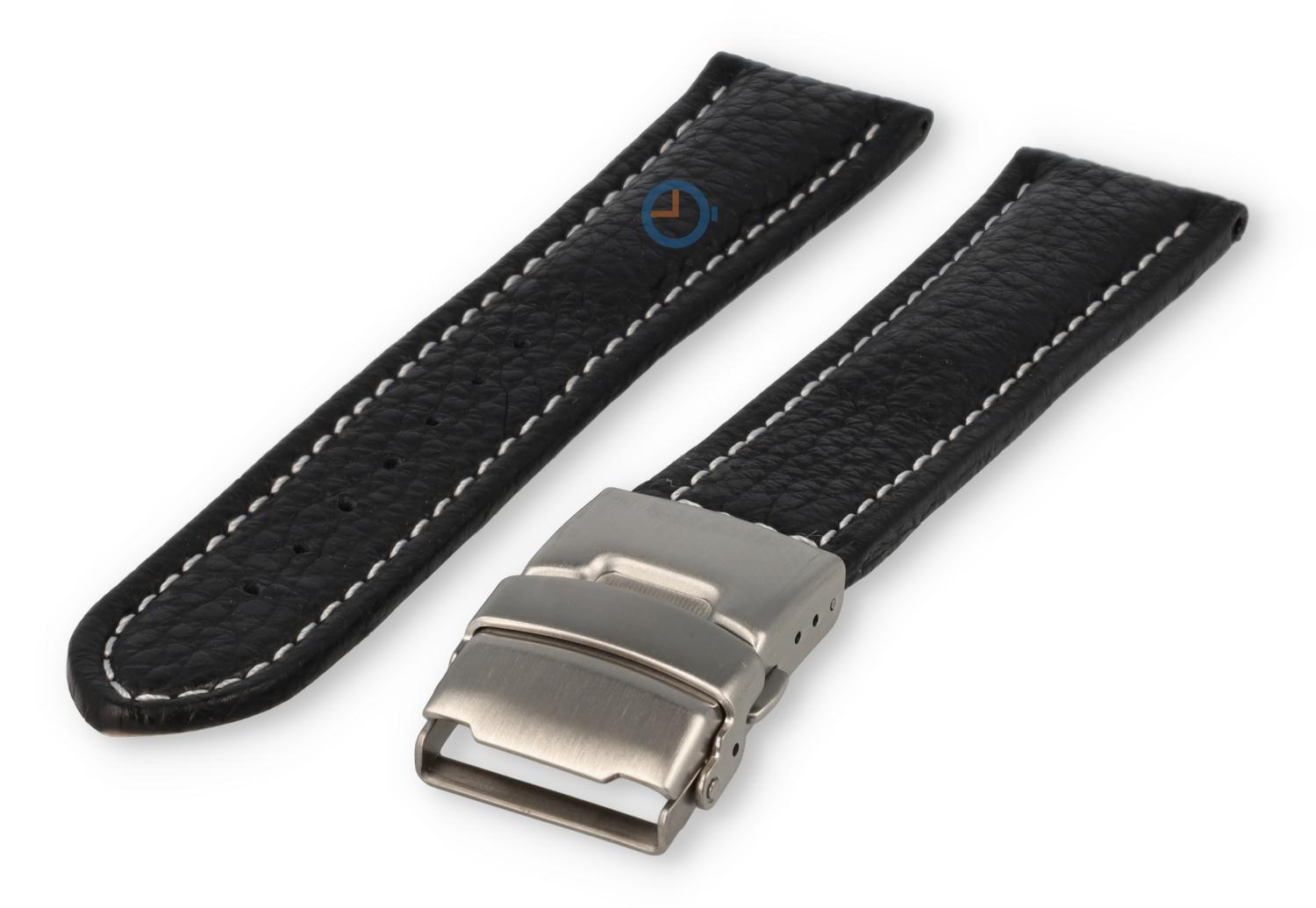 Watch strap black leather with folding clasp - 22mm