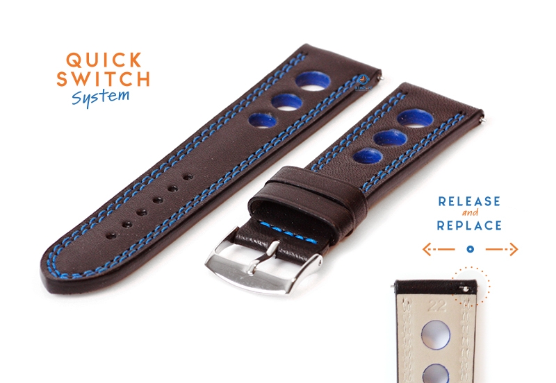 Watchstrap 22mm racing black with blue stitching
