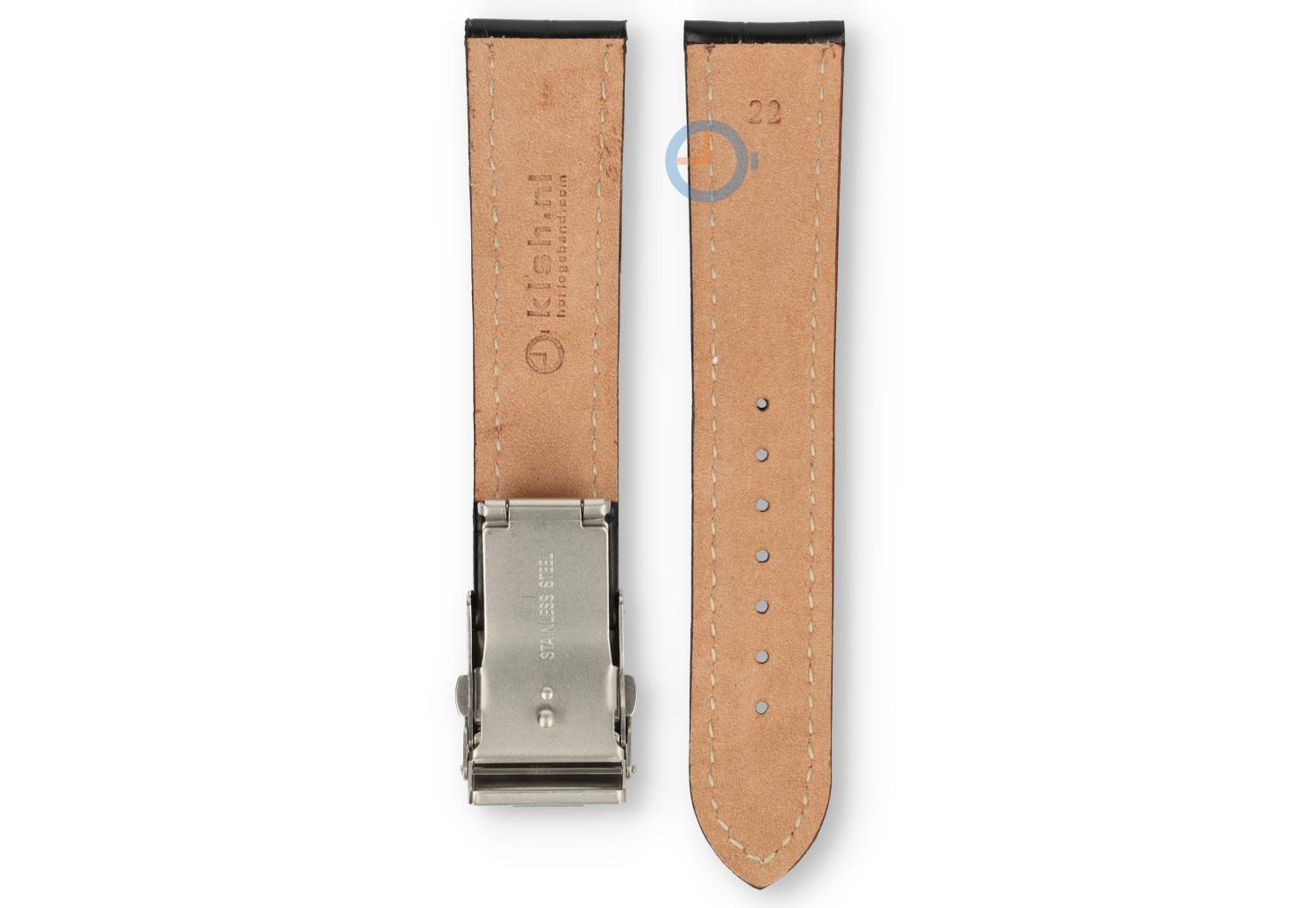 Horlogeband met vouwsluiting 22mm zwart leer met wit stiksel