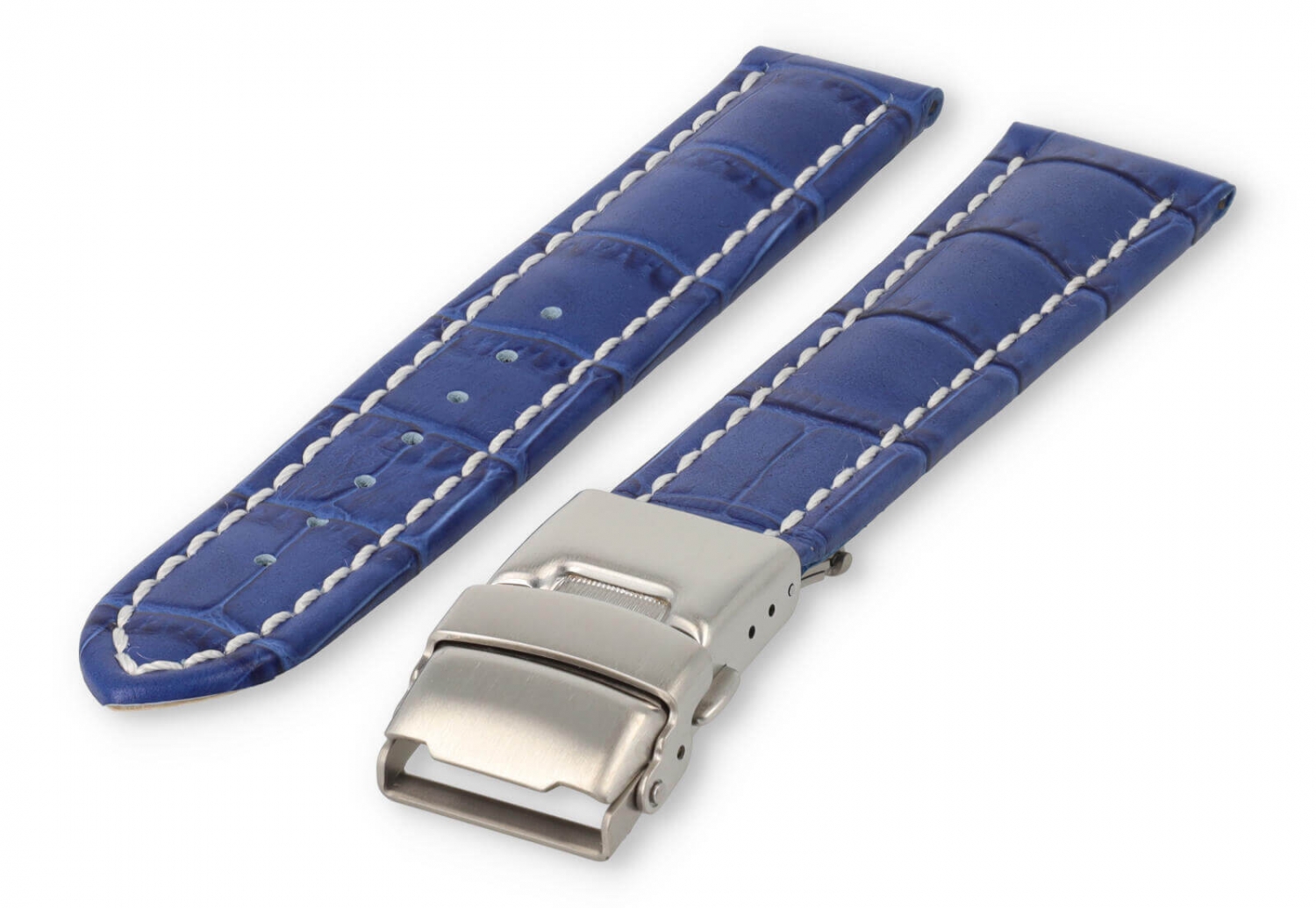 Watch band with security folding clasp 18mm royal-blue leather with white stitches