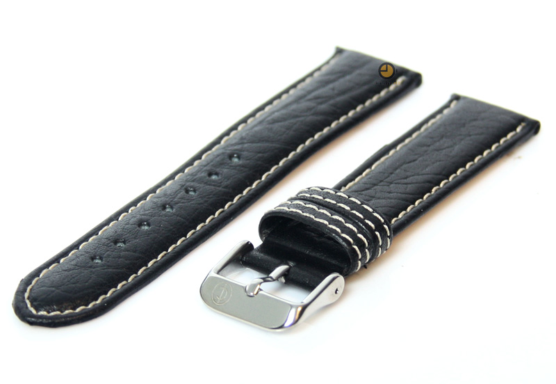 Watchstrap 20mm black leather white stitches