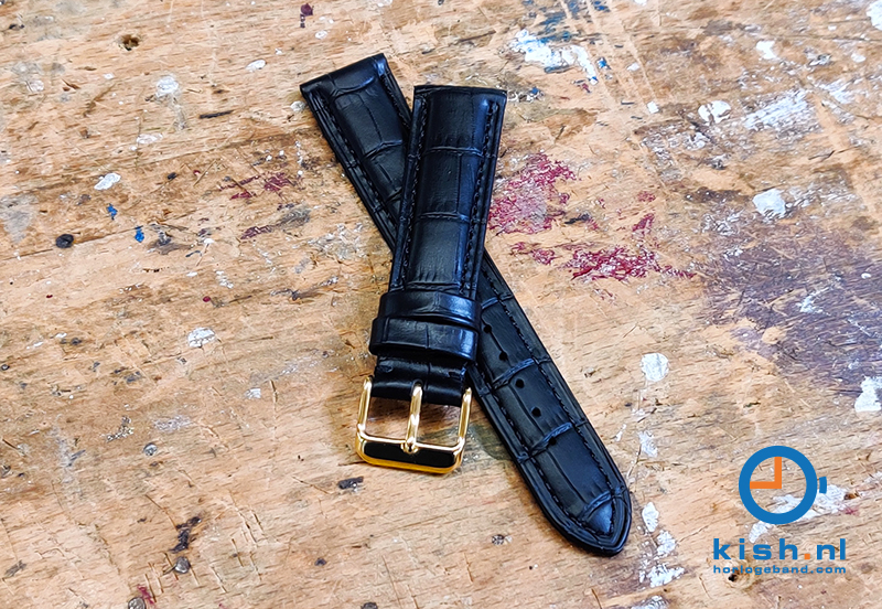 Luxe Edox watch strap black leather - gold - 22mm