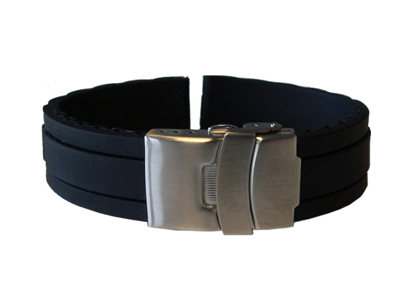 Rubber watch strap with security clasp - 22mm black
